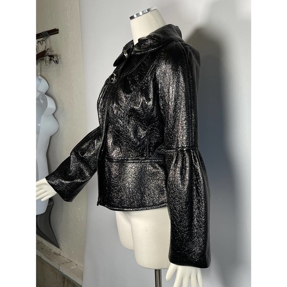 NWT Svetlana Unique Black Shiny Lame Bell Sleeve Button Front Jacket Wide Collar - Picture 2 of 13